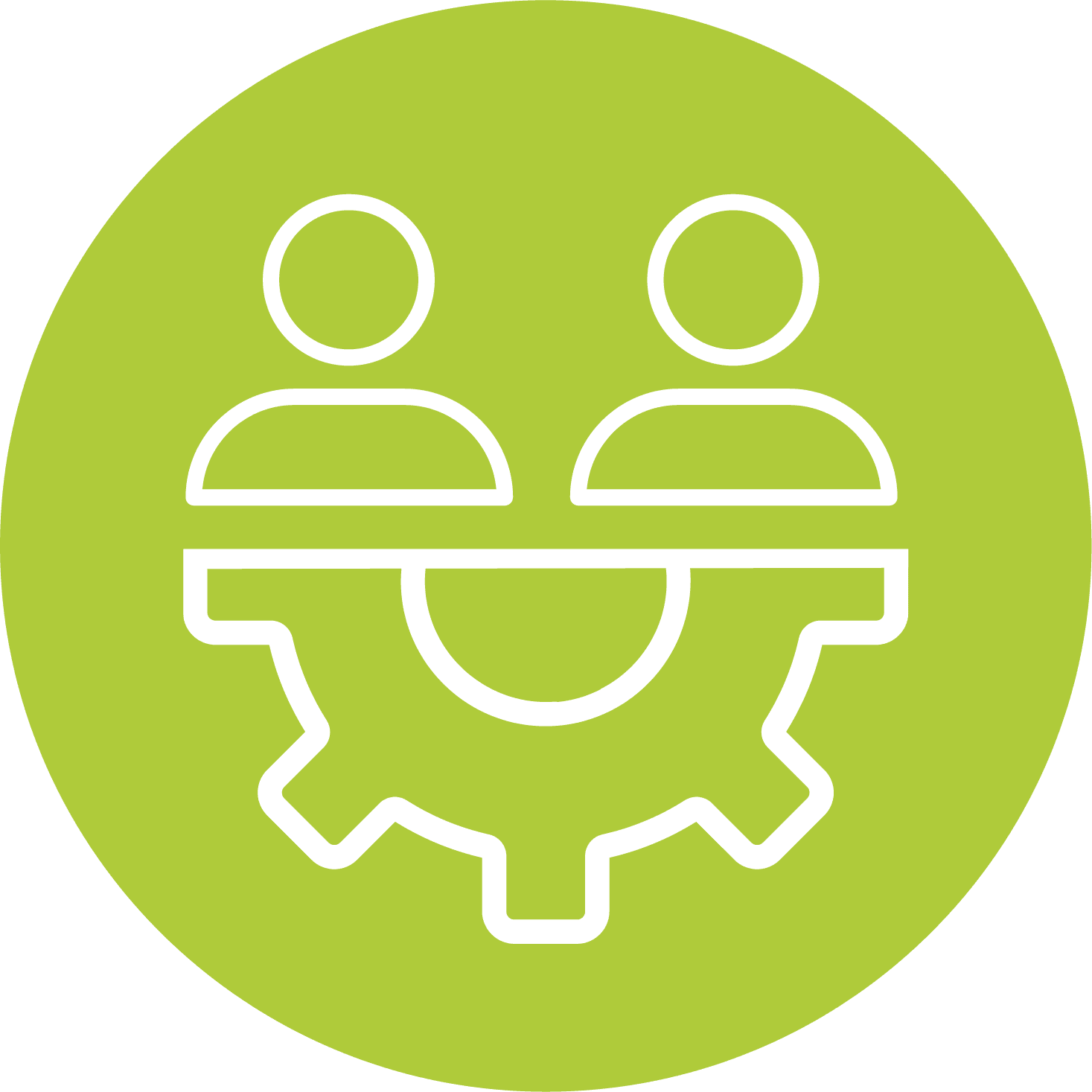 Icon mit zwei Personen und einem halben Zahnrad auf einem grünen kreisförmigen Hintergrund. Es repräsentiert Erfahrung und Wissensaustausch.