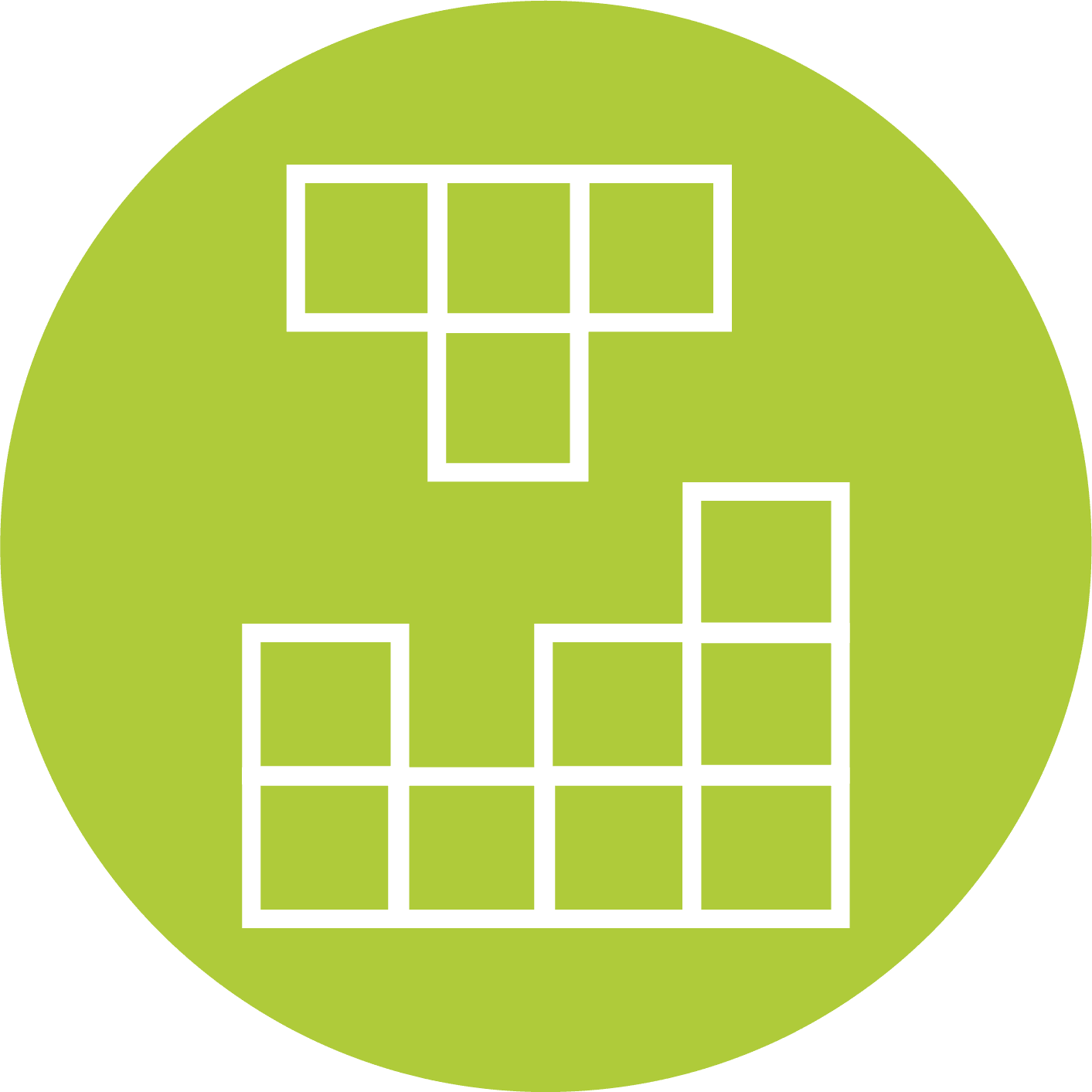 Modulares Block-Icon mit weißer Umrandung auf einem grünen kreisförmigen Hintergrund, das Lösungen und Frameworks repräsentiert
