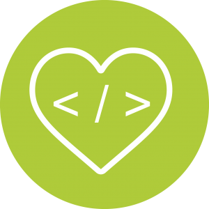 Grüner Kreis mit weiß umrandetem Herz und Programmierzeichen auf transparentem Hintergrund.