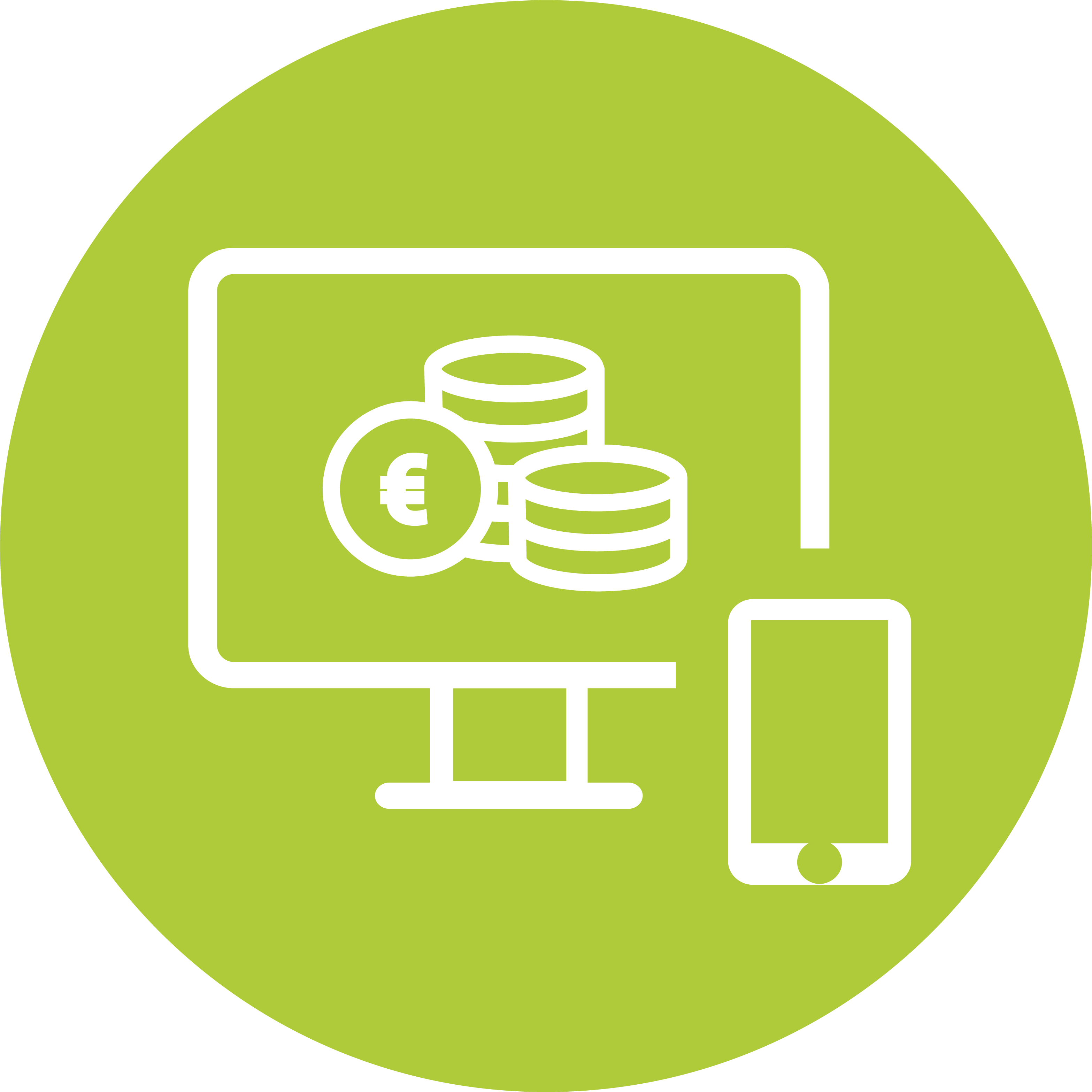 Icon mit einem Monitor, Münzstapeln und einem Smartphone auf grünem kreisförmigen Hintergrund, symbolisch für ein persönliches Hardwarebudget.