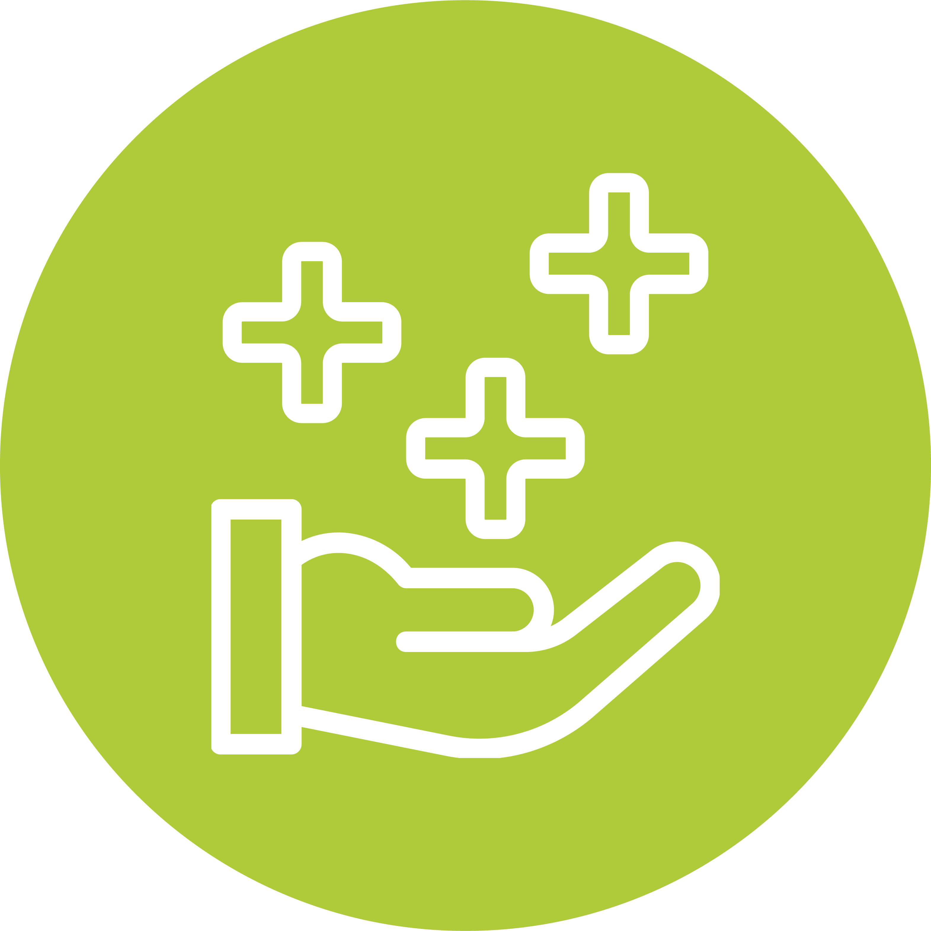 Icon einer weiß umrandeten Hand mit aufsteigenden Pluszeichen auf einem grünen kreisförmigen Hintergrund, repräsentiert die Umwandlung von Bonusleistungen in Sachleistungen.