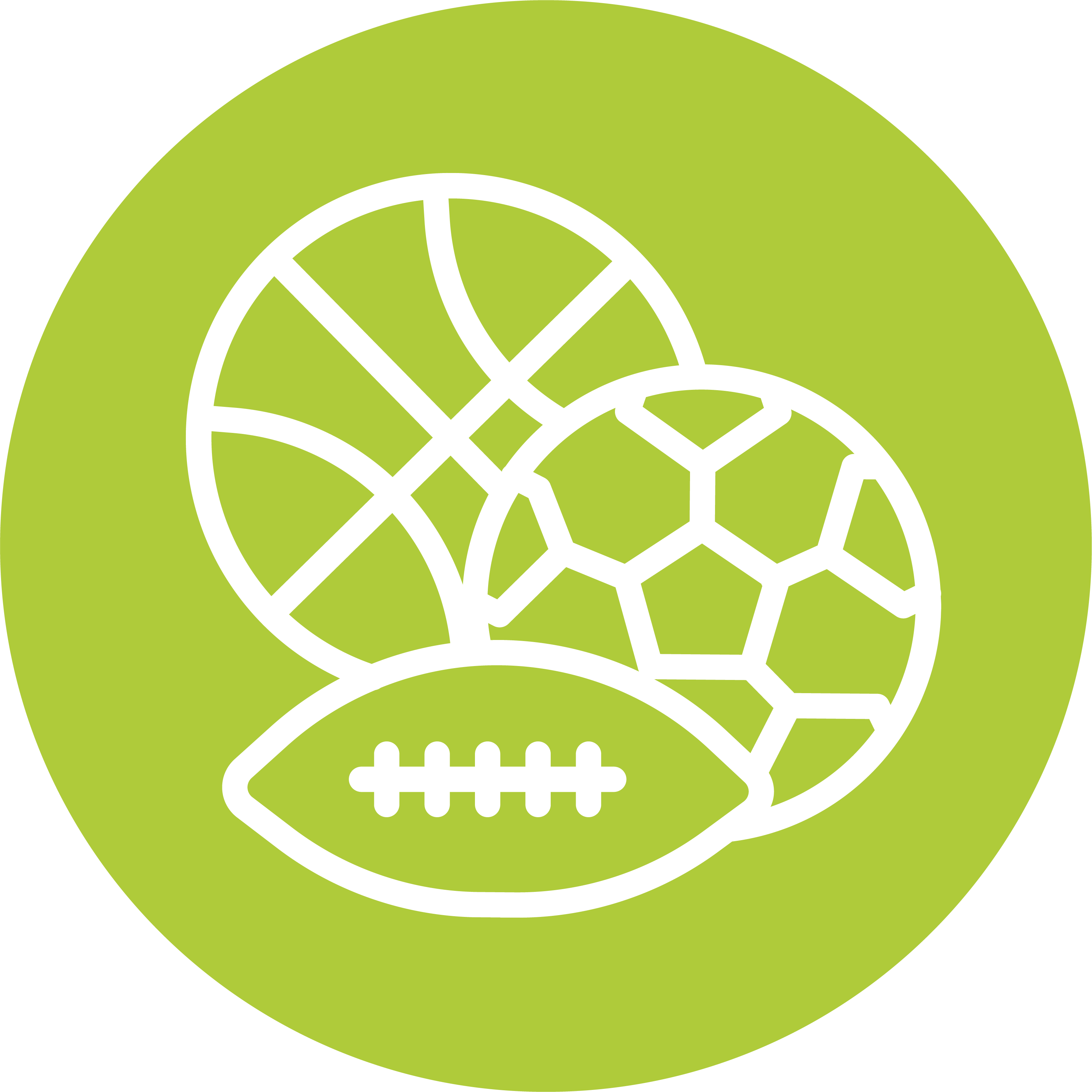 Icons eines weiß umrandeten Basketballs, Fußballs und American Footballs auf einem grünen kreisförmigen Hintergrund, symbolisch für die Vielfalt an Sport und sportlichen Aktivitäten.
