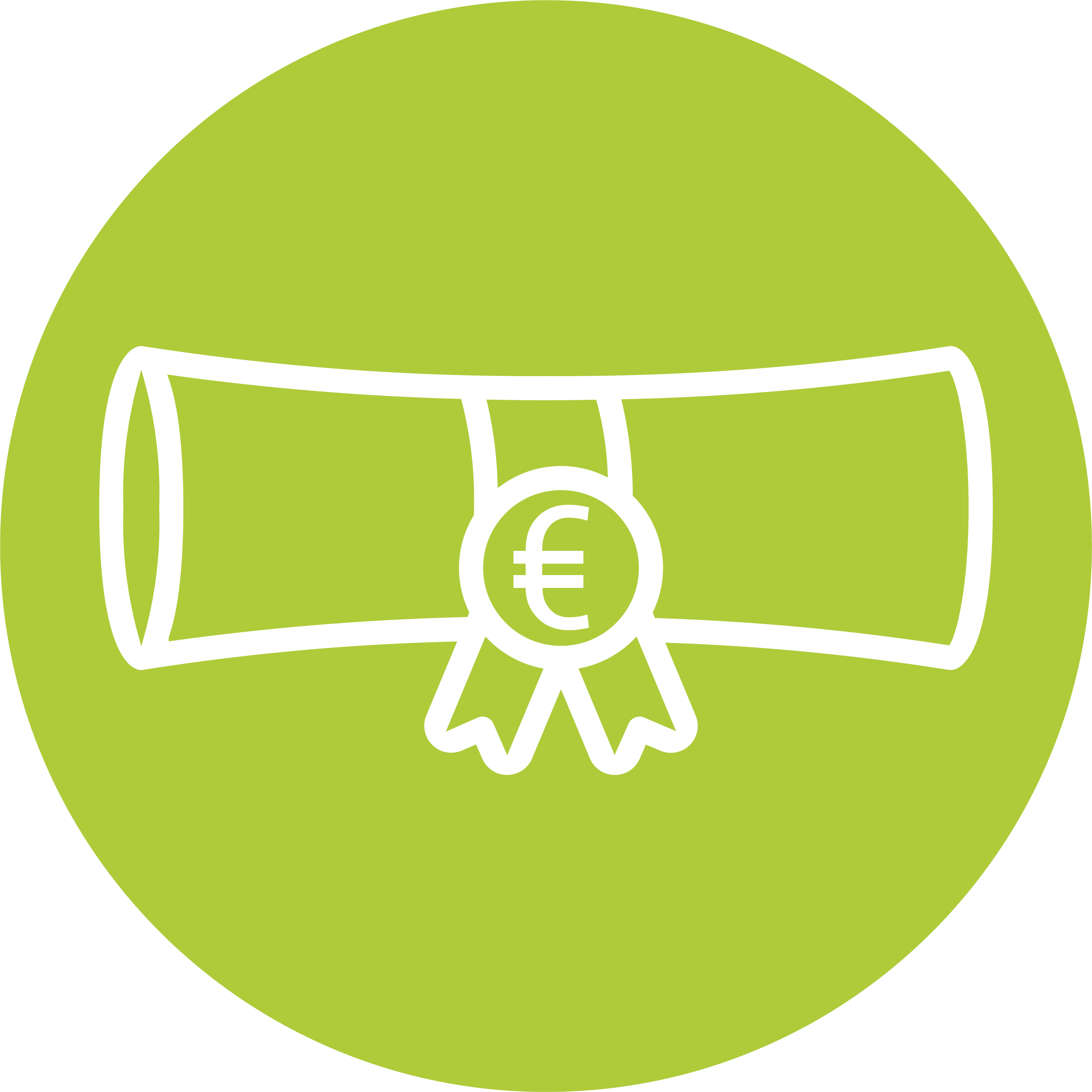Icon eines zusammgerollten Diploms oder Zertifikats mit einem Euro-Zeichen in Weiß auf einem grünen kreisförmigen Hintergrund.